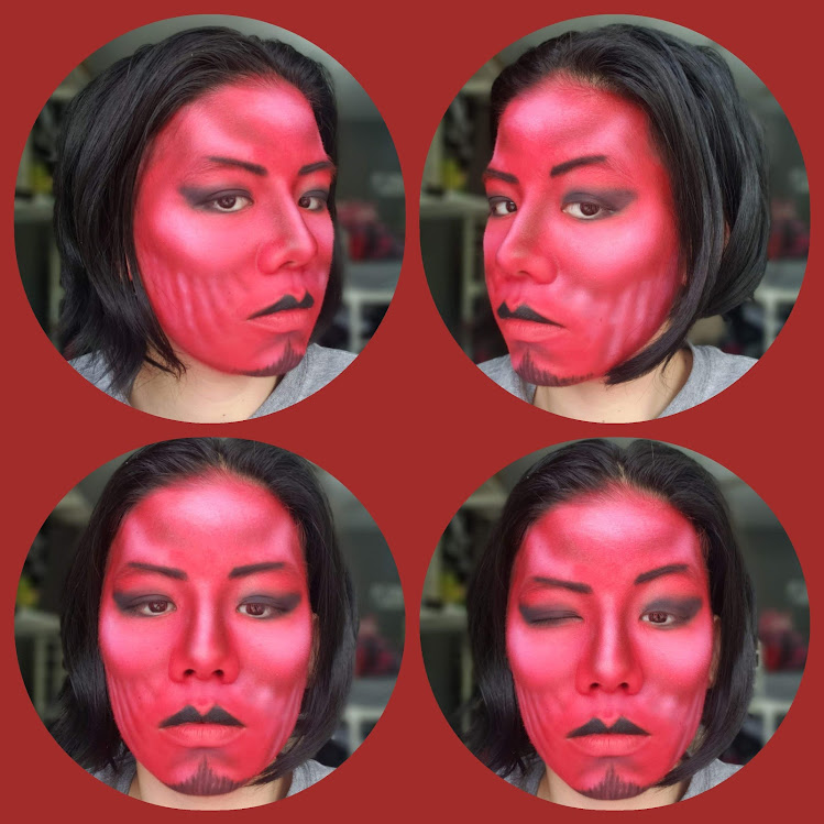 Full-face makeup in red and black